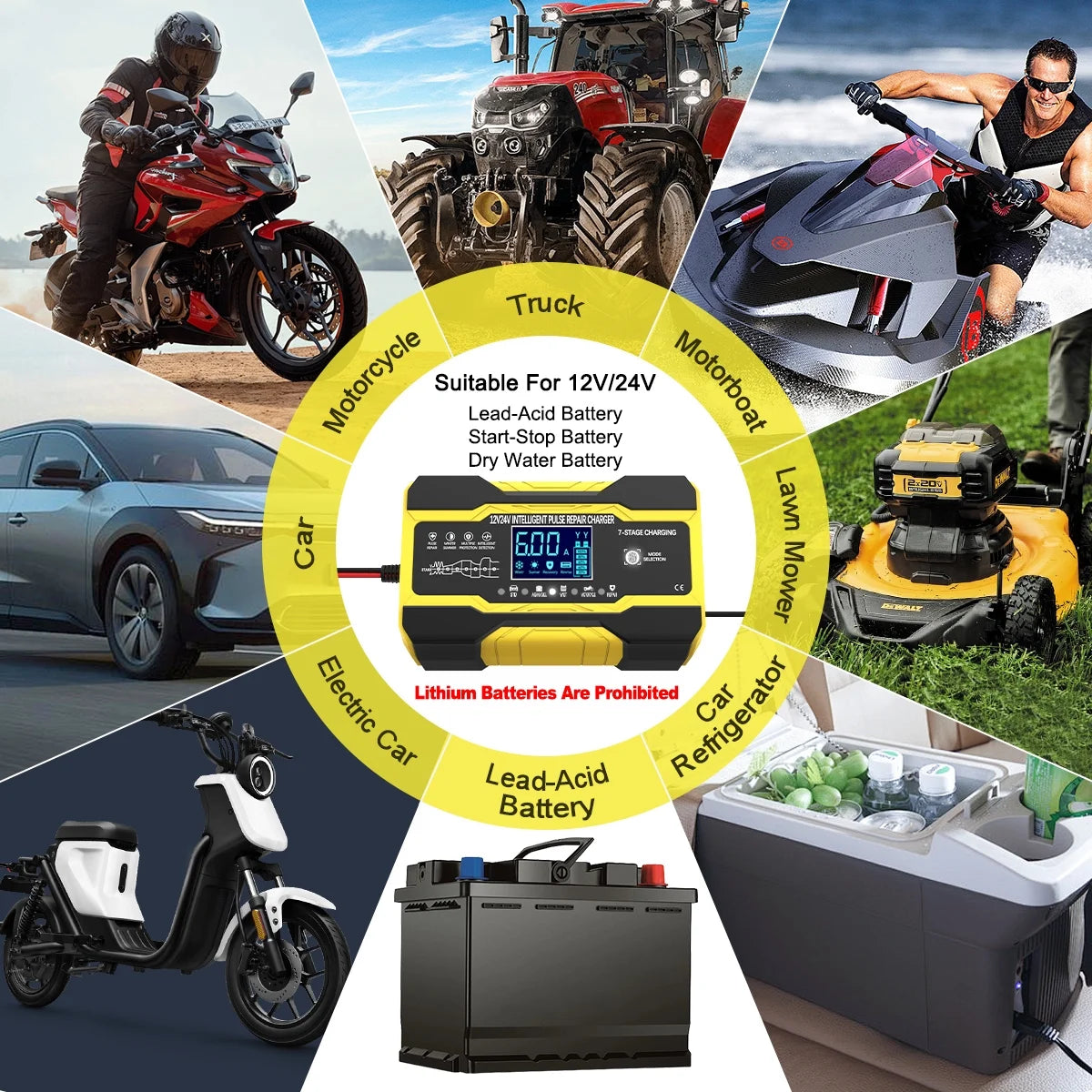 Battery Charger 10-Amp 12V and 24V Fully-Automatic Smart Car Battery Charger, Battery Maintainer Trickle Charger, Battery Charger with Temperature Compensation for Truck Motorcycle Lawn Mower Boat