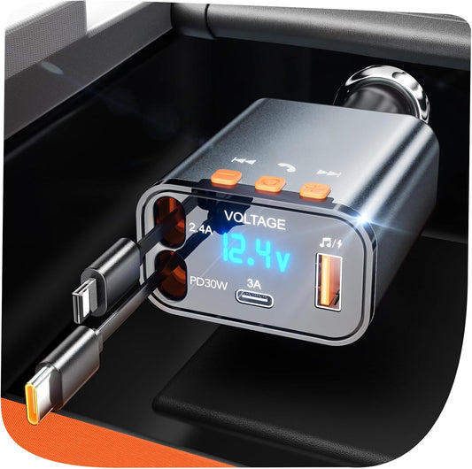 Retractable Car Charger,5 in 1 PD Car Phone Charger with Bluetooth 5.3 FM Transmitter,Handsfree Call and MP3 Player,2 Retractable Cables and USB Charging Adapter for Cars Phone,Galaxy,Pixel(Grey)