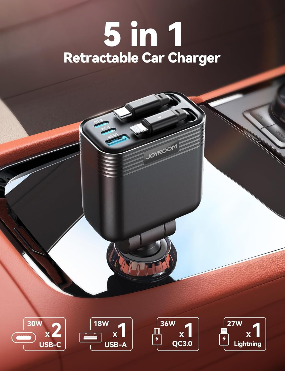 Retractable 5 Port 66W USB C Car Charger - Fast Charging for Iphone 16/15/14 Pro Max, Samsung S24