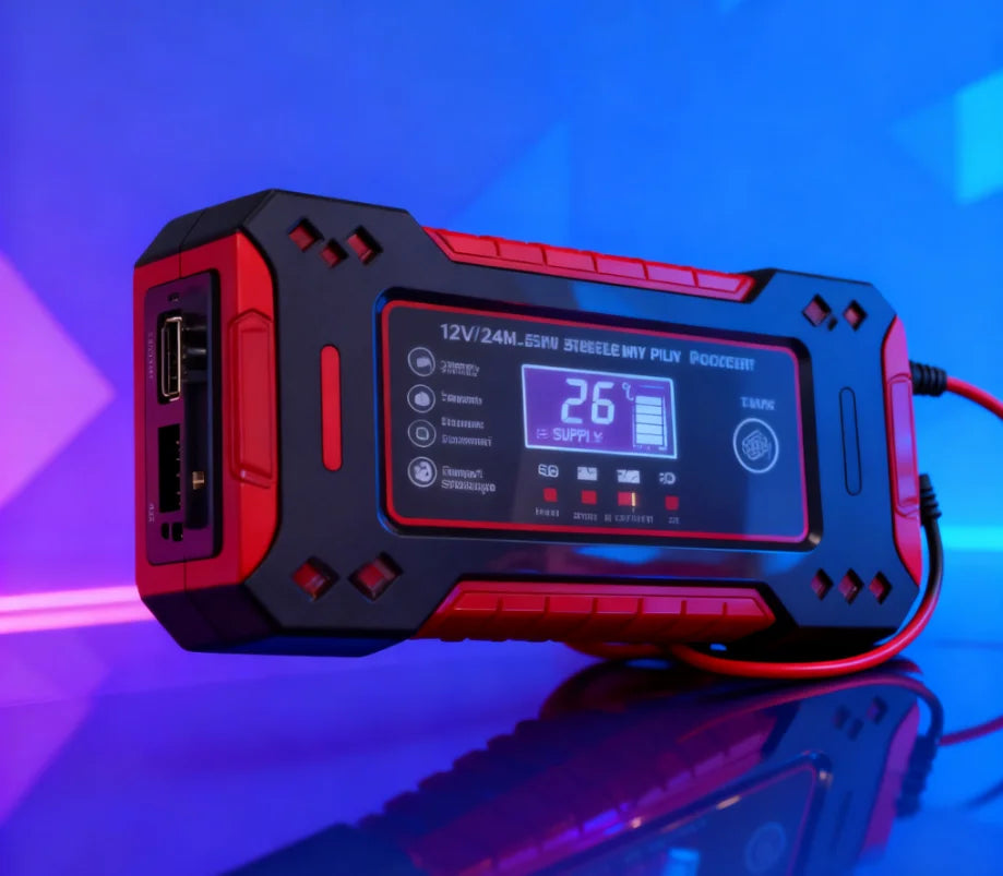 Smart Car Battery Charger 12V, EU Plug Motorcycle Battery Maintainer with LCD Display for Lead-Acid Repair