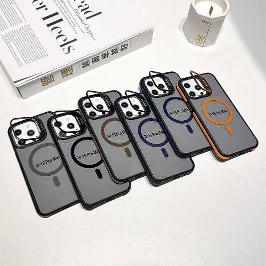 Magnetic Luxury Matte Armor Shockproof Holder Stand Case Cover For iPhone 11 12 13 14 15 16 Plus Pro Max Clean Protective Cover