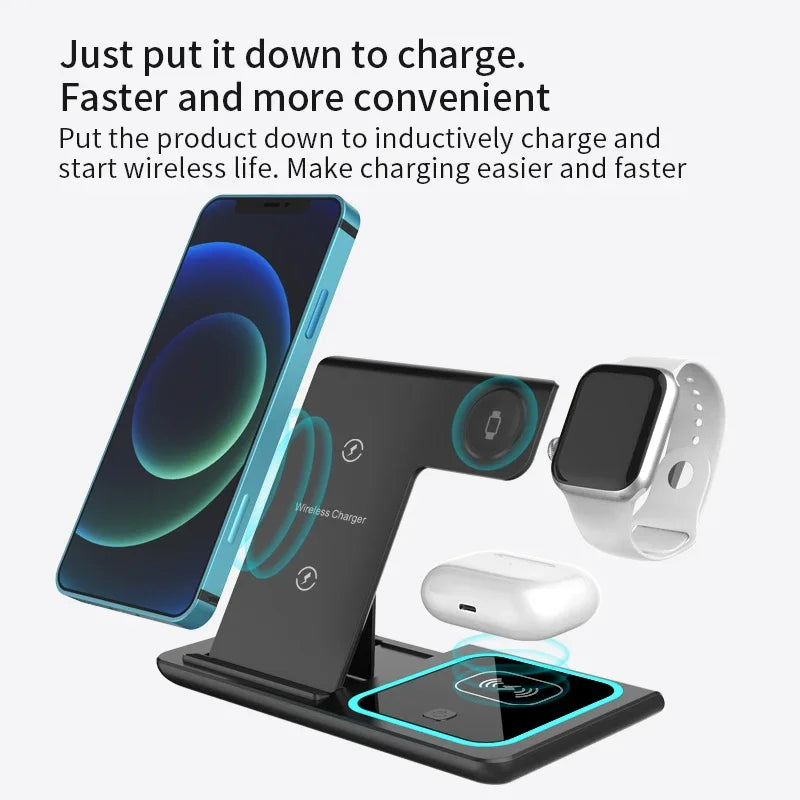 3 in 1 Wireless Charging Station Travel Charging Pad for iPhone 12~15 iWatch and Airpods  15W  Fast Charger Foldable