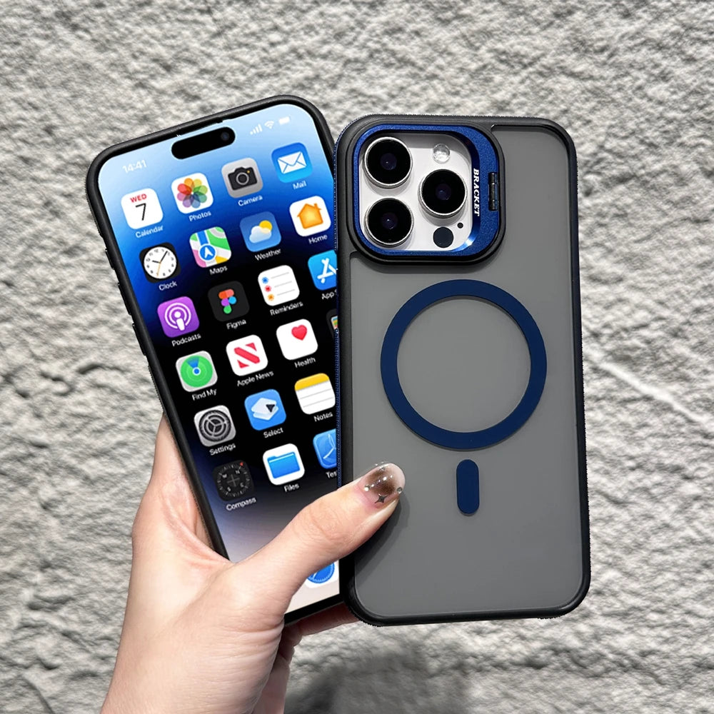 Magnetic Luxury Matte Armor Shockproof Holder Stand Case Cover For iPhone 11 12 13 14 15 16 Plus Pro Max Clean Protective Cover