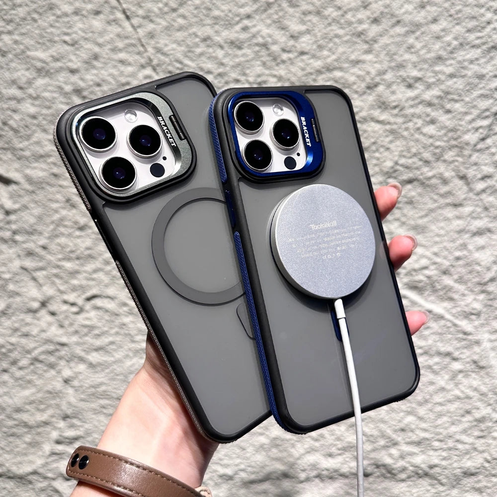 Magnetic Luxury Matte Armor Shockproof Holder Stand Case Cover For iPhone 11 12 13 14 15 16 Plus Pro Max Clean Protective Cover