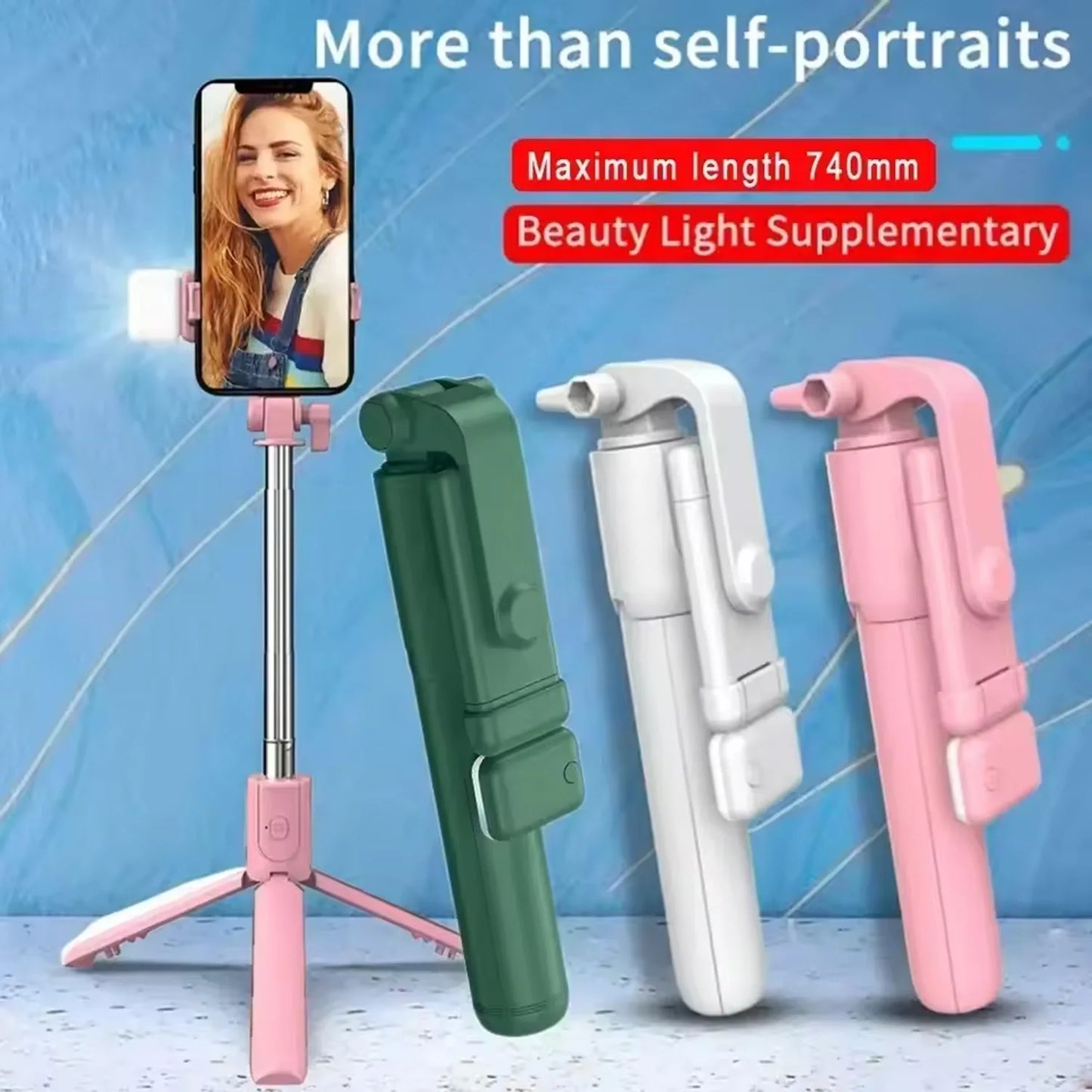 Cell Phone Selfie Stick Tripod Bluetooth Remote Wireless Selfi Stick Phone Holder Stand with Beauty Fill Light Soft beauty