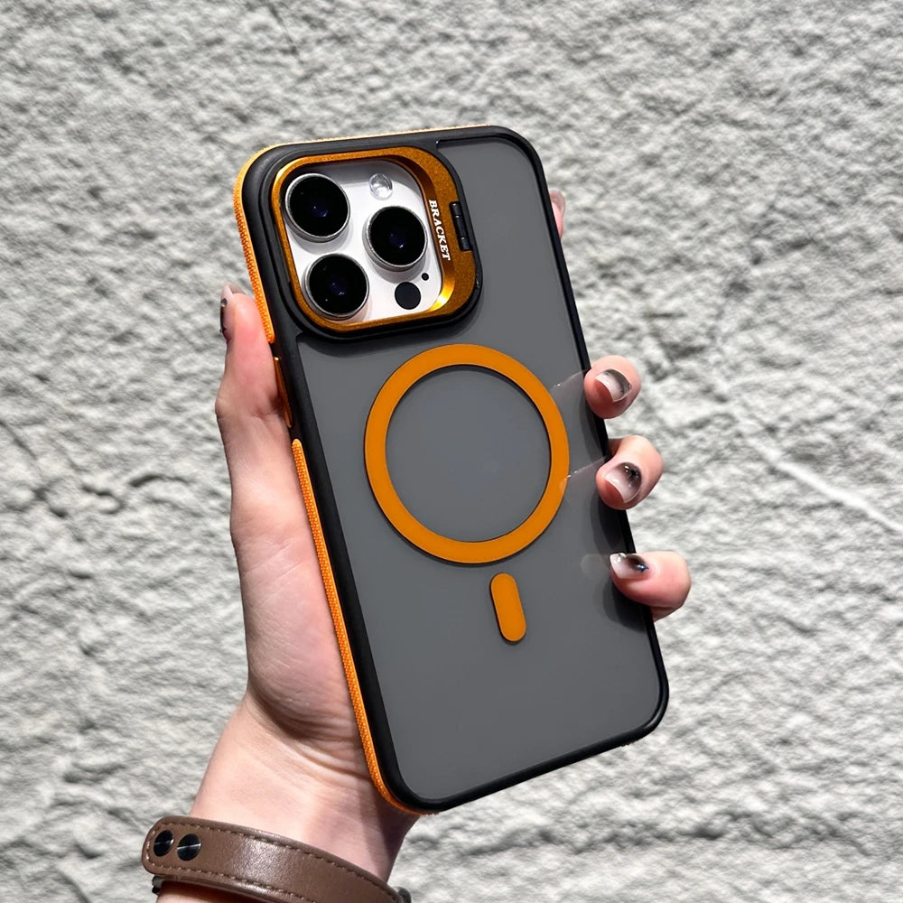 Magnetic Luxury Matte Armor Shockproof Holder Stand Case Cover For iPhone 11 12 13 14 15 16 Plus Pro Max Clean Protective Cover