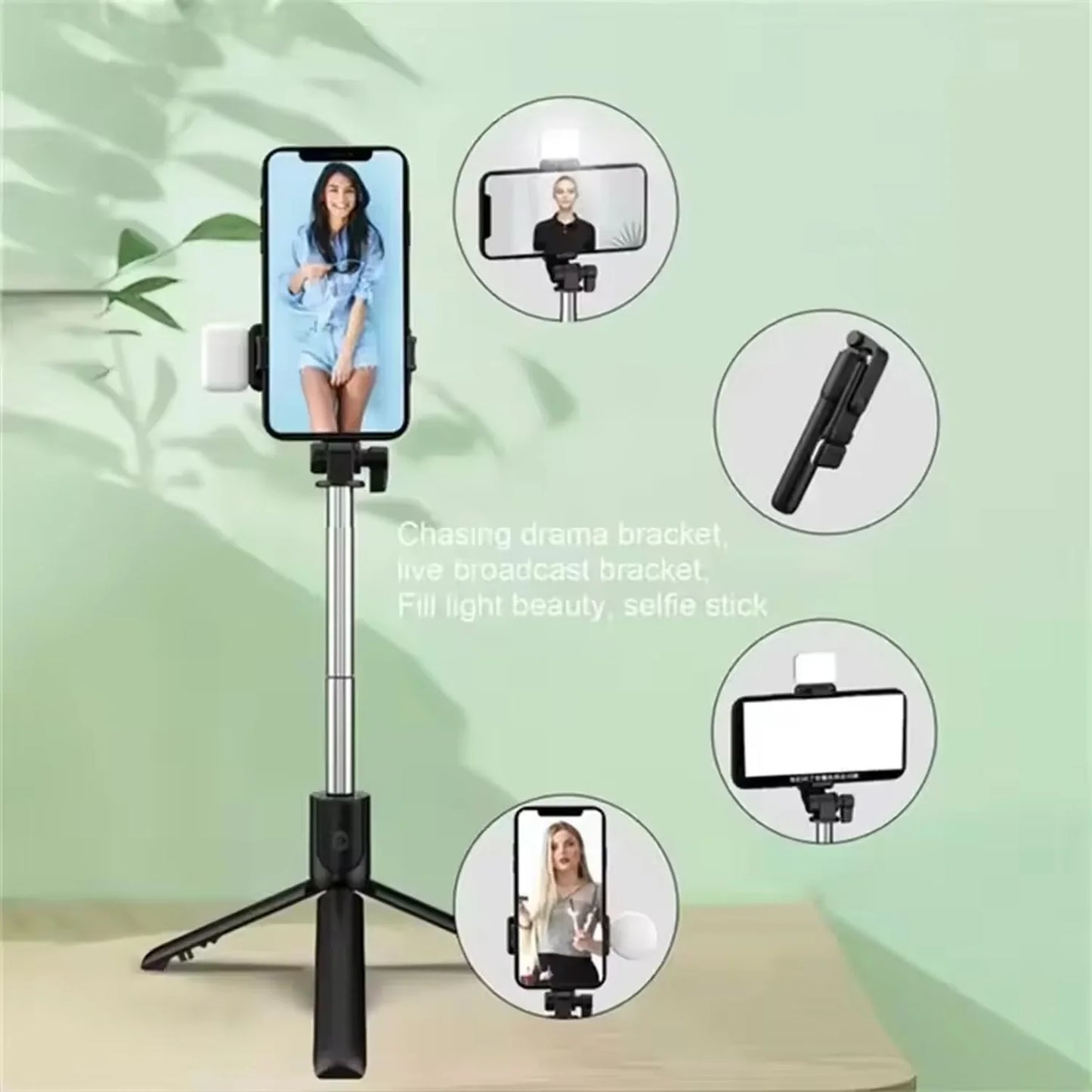 Cell Phone Selfie Stick Tripod Bluetooth Remote Wireless Selfi Stick Phone Holder Stand with Beauty Fill Light Soft beauty