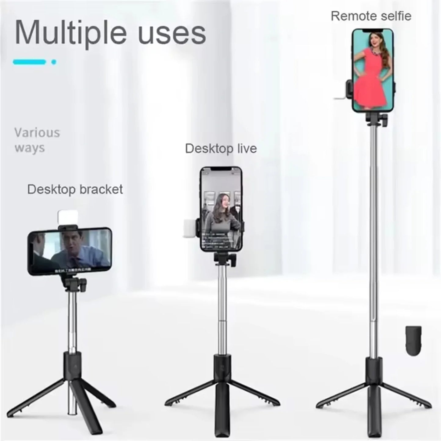 Cell Phone Selfie Stick Tripod Bluetooth Remote Wireless Selfi Stick Phone Holder Stand with Beauty Fill Light Soft beauty