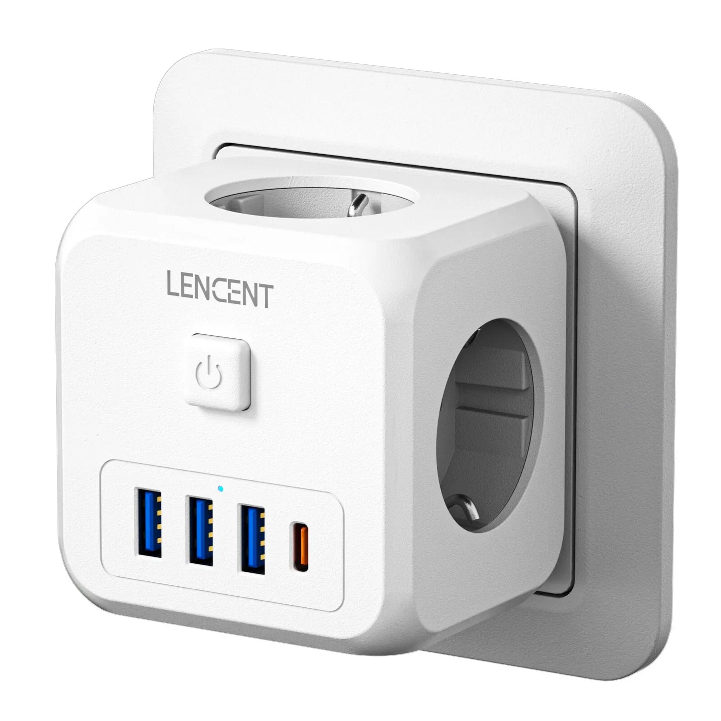 LENCENT Wall Socket Extender with 3 AC Outlets 3 USB Ports And1 Type C 7-in-1 EU Plug Charger On/Off Switch for Home