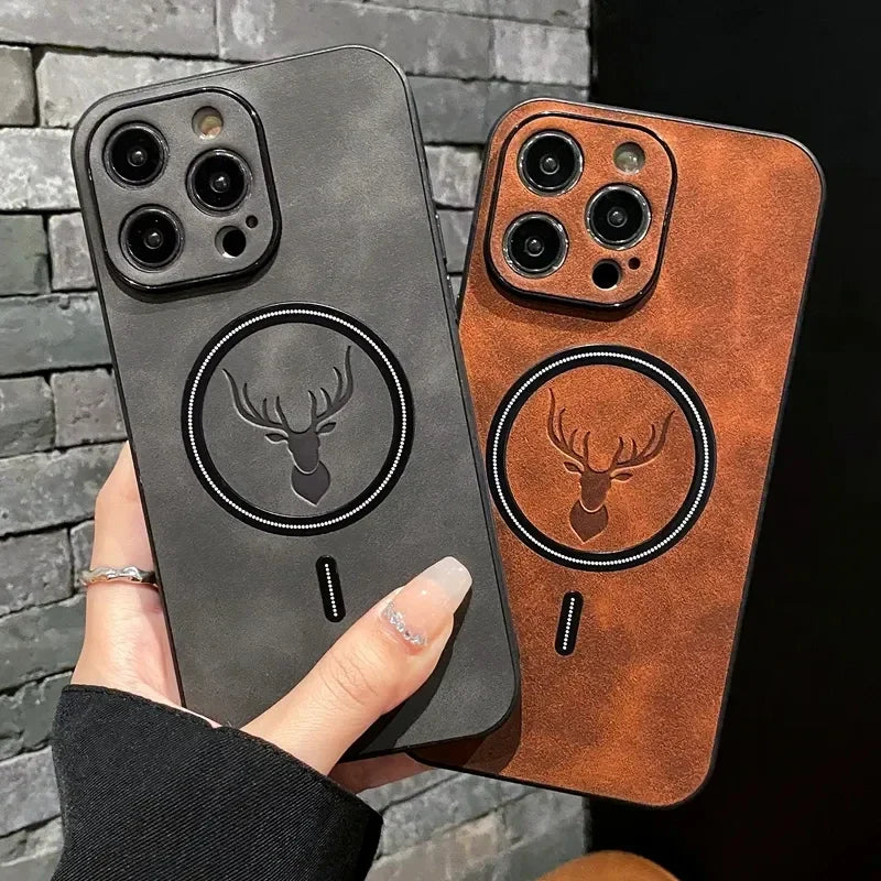 Magnetic For Wireless Charge Phone Case For iPhone 16 15 14 13 12 11 Pro Max Deer Head Leather Magnetic Soft Shockproof Cover