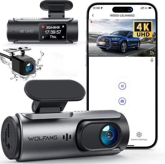 Dash Cam Front and Rear, 4K+1080P Dual Car Camera, Parking Monitor, Loop Recording